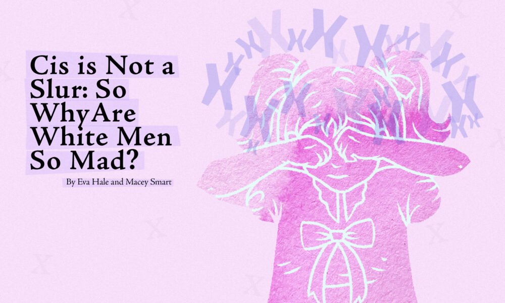 Digital Illustration of a young girl crying and rubbing her eyes, her head swarmed and surrounded by the letter 'X'. Written text: "Cis is Not a Slur: So Why Are White Men So Mad? By Eva Hale and Macey Smart"