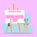 vector art of a rat sitting in front of an easel with the words "Expression of interest: Creative Director 2024" written on it in a fun pink font