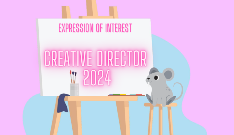 vector art of a rat sitting in front of an easel with the words "Expression of interest: Creative Director 2024" written on it in a fun pink font