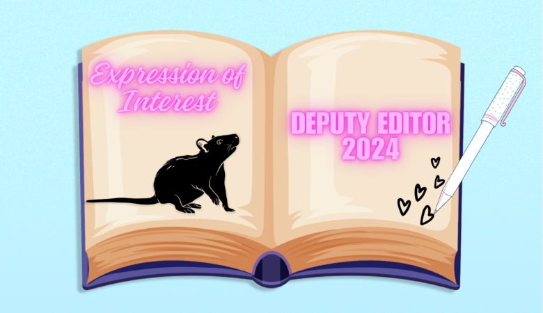 vector art image of an open book with a rat and some doodled hearts on it, a pen next to it, and the text "Expression of Interest: Deputy Editor" written on it.