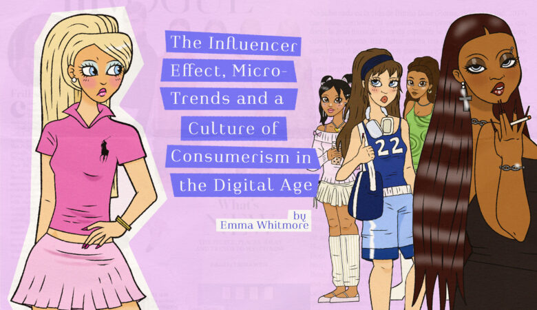an graphic with a pink background with illustrations of various femme presenting people wearing clothing and accessory trends rom 2022-2024. A title in purple reads "the influencer effect, micro-trends, and a culture of consumerism in the digital age".