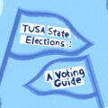 a blue graphic with drawings of triangular flags and the text TUSA State Elections: A Voting Guide