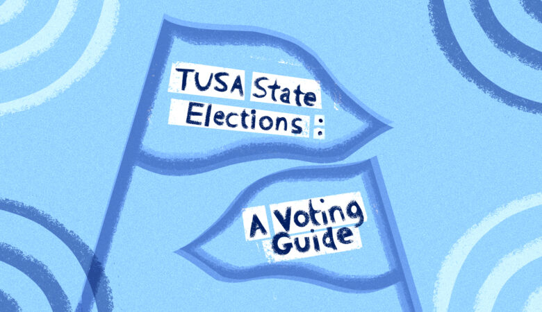 a blue graphic with drawings of triangular flags and the text TUSA State Elections: A Voting Guide